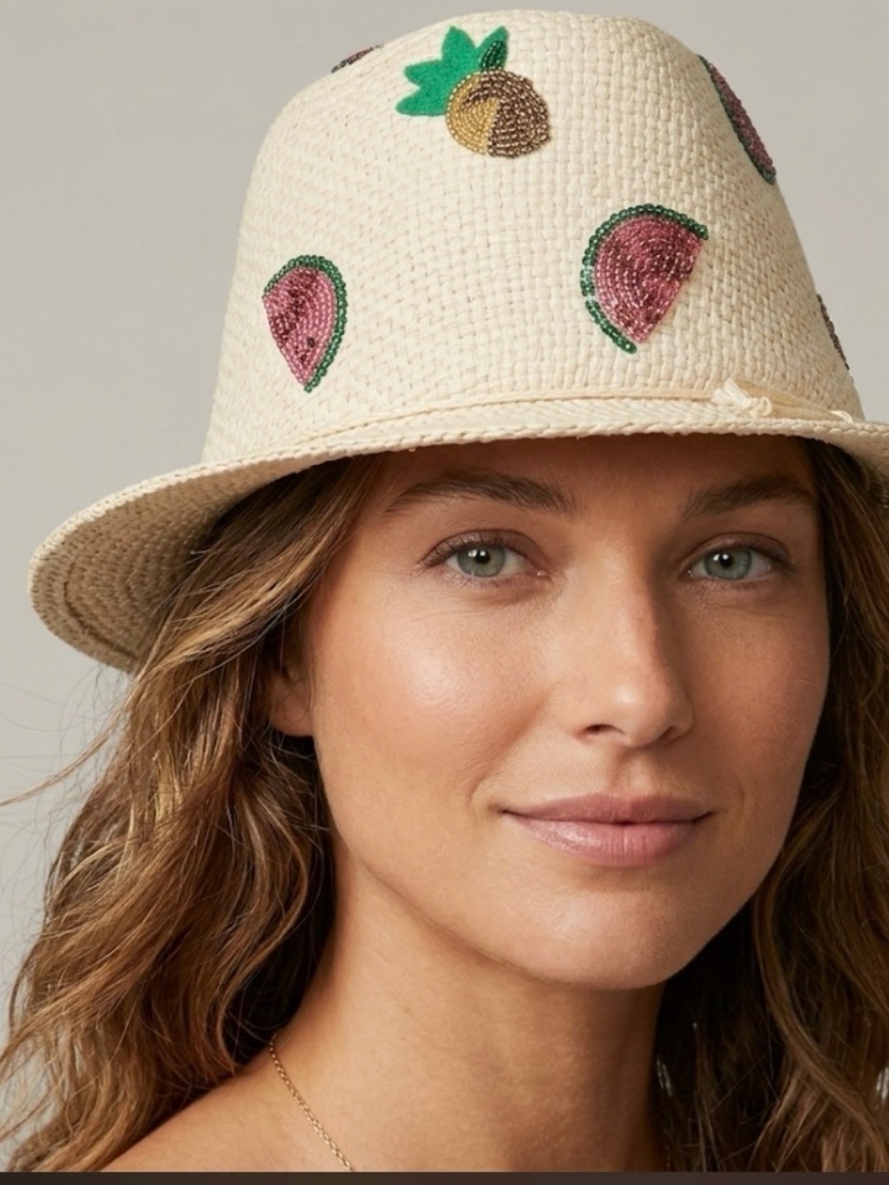 H&M Beaded Fruit Straw Fedora Sun Hat Summer Beach
